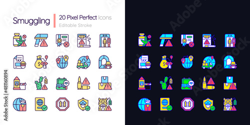 Smuggling light and dark theme RGB color icons set. Illegal import and export. Simple filled line drawings pack on white and black space. Editable stroke. Pixel perfect. Quicksand-Light font used