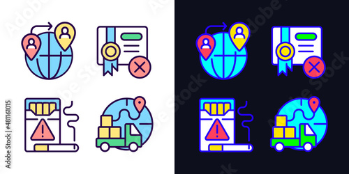 Contraband light and dark theme RGB color icons set. People smuggling. Cigars trading. Import restrictions. Simple filled line drawings pack on white and black space. Editable stroke. Pixel perfect