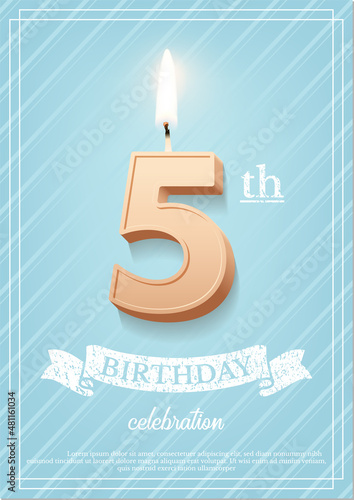 Burning number 5 birthday candle with vintage ribbon and birthday celebration text on textured blue background in postcard format. Vector vertical fifth birthday invitation template.