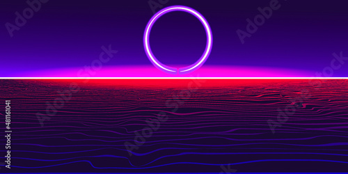 Modern retro futuristic background . Synthwave poster .Vector design composition with various geometric shapes . Abstract contemporary art . Digital cyber landscape . New modernism 
