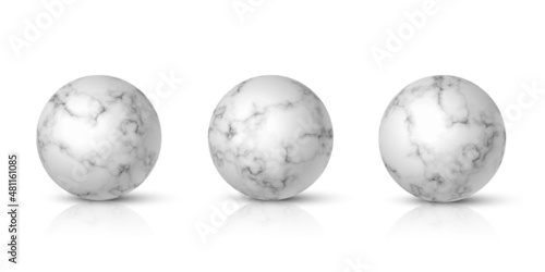 Collection of white marble balls. 3d realistic spheres in stone pattern with lines and shades vector illustration. Geometric abstract realistic objects for house decoration