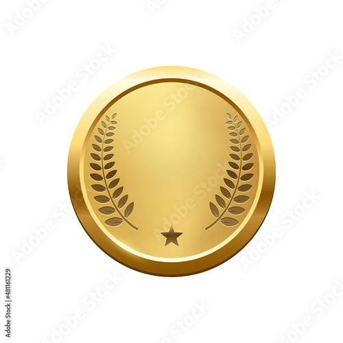 Gold medal with laurel wreath and star vector illustration, 3d trophy, greeting medallion