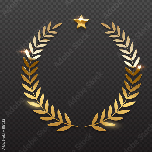 Gold shiny circle laurel wreath with star vector illustration. Golden shining round badge prize for winner, award trophy nominee luxury symbol, nomination reward emblem on transparent background