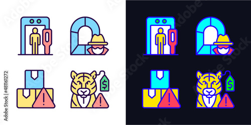 Smugglers activities prevention light and dark theme RGB color icons set. Smuggling tunnel. Animal contraband. Simple filled line drawings pack on white and black space. Editable stroke. Pixel perfect
