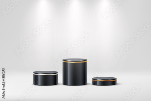 3d podium black platform cylinders with gold, silver and bronze line borders on edge vector illustration. Realistic pedestal stage mockup of round geometric shape, winner stand background.