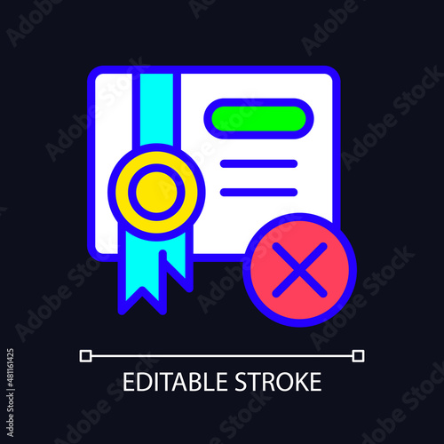 Submission decline RGB color icon for dark theme. Rejected document. Trading without permit. Simple filled line drawing on night mode background. Editable stroke. Pixel perfect. Arial font used