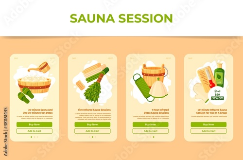 Sauna session promo landing page collection vertical internet poster vector flat illustration
