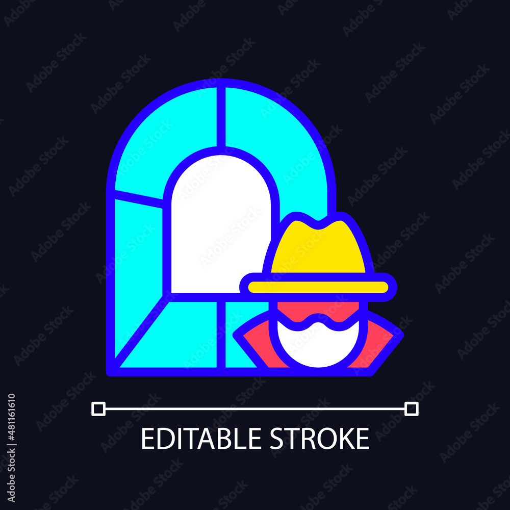 Obraz premium Smuggling tunnel RGB color icon for dark theme. Underground border trespassing. Illegal drug trade. Simple filled line drawing on night mode background. Editable stroke. Pixel perfect. Arial font used