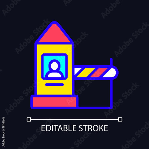 Land border checkpoint RGB color icon for dark theme. Inspection and control. Crossing border. Simple filled line drawing on night mode background. Editable stroke. Pixel perfect. Arial font used