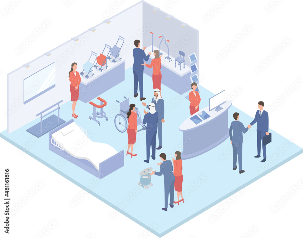 介護用品の展示会でグローバルな商談をするビジネスパーソンのアイソメイラスト Stock Vector Adobe Stock