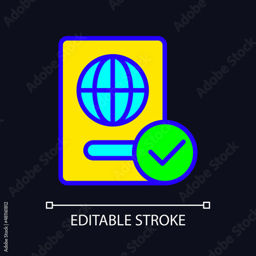 Passport control RGB color icon for dark theme. Border protection. International migration. Simple filled line drawing on night mode background. Editable stroke. Pixel perfect. Arial font used