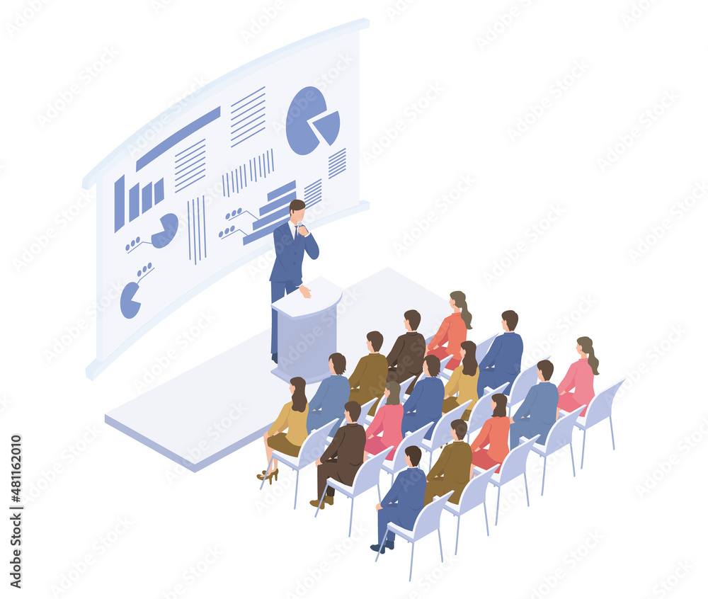 男性講師のビジネスセミナーを受講する人たちのアイソメイラスト Stock Vector Adobe Stock 男性講師のビジネスセミナーを受講する人たちのアイソメイラスト Stock Vector Adobe Stock