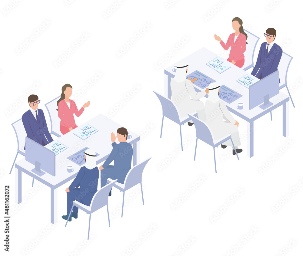 中東系の人物とテーブル席に座ってビジネスの商談をするアイソメイラスト 中東系の人物とテーブル席に座ってビジネスの商談をするアイソメイラスト