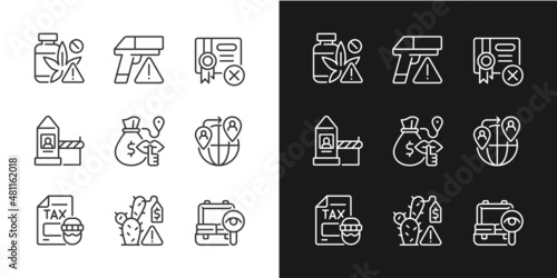 Illicit import and its prevention linear icons set for dark and light mode. Weapon trade. Customizable thin line symbols. Isolated vector outline illustrations. Editable stroke. Pixel perfect