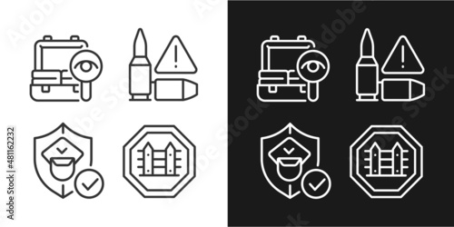 Checkpoint examination linear icons set for dark and light mode. Border security. Country fences. Customizable thin line symbols. Isolated vector outline illustrations. Editable stroke. Pixel perfect