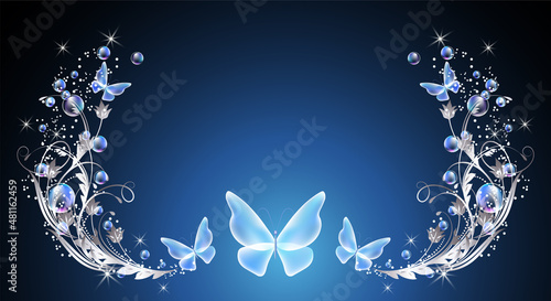 Fairytale background with magical blue butterflies and bubbles, flowers ornate and stars. Fantasy sparkle frame consists of transparent iridescent balls, floral ornament and copy space.