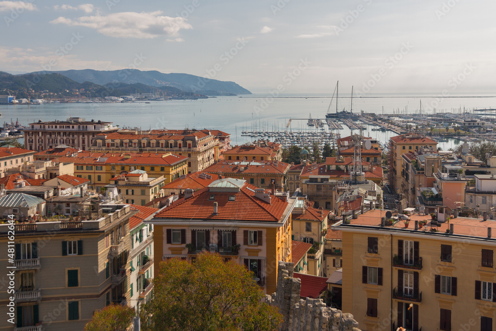 city view of houses of La Spezia on coast of Tyrrhenian Sea, Italy on sunny day