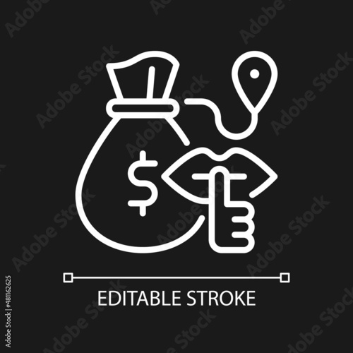 Bulk cash smuggling white linear icon for dark theme. Thin line customizable illustration. Isolated vector contour symbol for night mode. Editable stroke. Pixel perfect. Arial font used