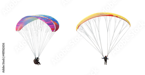 collection Bright colorful parachute on white background, isolated. Concept of extreme sport, taking adventure/ challenge.