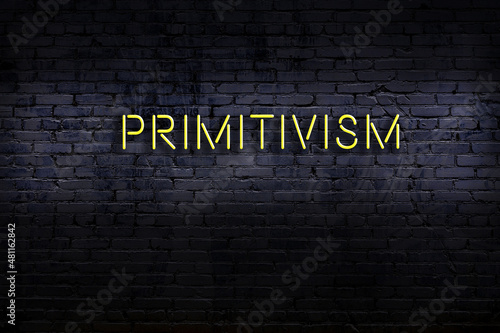 Night view of neon sign on brick wall with inscription primitivism photo