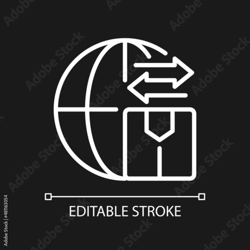 Goods import and export white linear icon for dark theme. Thin line customizable illustration. Isolated vector contour symbol for night mode. Editable stroke. Pixel perfect. Arial font used