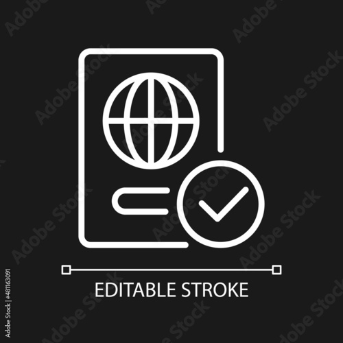 Passport control white linear icon for dark theme. Thin line customizable illustration. Isolated vector contour symbol for night mode. Editable stroke. Pixel perfect. Arial font used