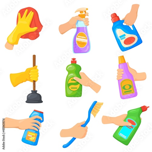Detergent tools in hands. Hand hold cleaning products, cartoon disinfect spray clean surface house, wipe dust cloth, bucket with rag cleaner