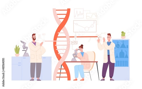 DNA research scientists. Researcher in science genetic laboratory, analysis gene genome, pharmaceutical medical lab biotechnology data, health therapy