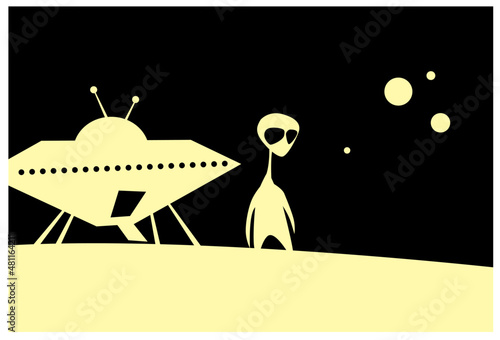 Alien. Stranger. Odd newcomer near his flying saucer. UFO. Alien ship landed in the field. Vector image for prints, poster and illustrations.