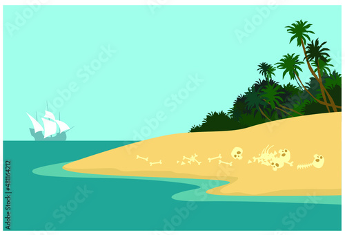 Fototapeta Naklejka Na Ścianę i Meble -  Coast of Skeletons. Tropical paradise in the middle of the ocean. Island of pirates and cannibals. Vector image for prints, poster and illustrations.