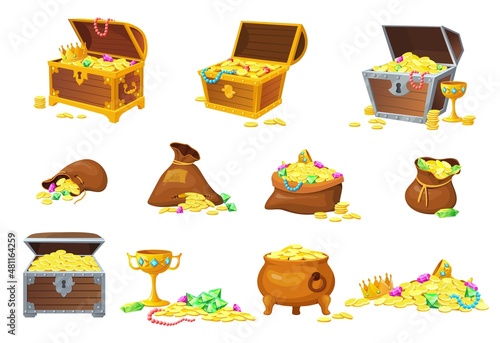 Pirate treasures. Chests and bags or sack treasure, treasur with jewel, pile golden coins, jewelry gems, set cartoon vector