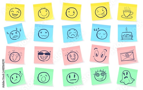 Sticky notes with smile. Emotion cards, sad or funny face on weekly paper note, happy memories for week calendar, good news post, drawn emoticons sticker, neat vector illustration