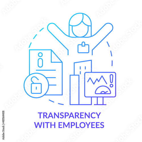 Transparency with employee blue gradient concept icon. Trustful company business abstract idea thin line illustration. Isolated outline drawing. Roboto-Medium, Myriad Pro-Bold fonts used