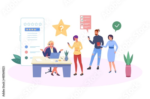 Customer queue at support manager. Clients complaint on call, questions ask for consulting specialist, online review, vector illustration
