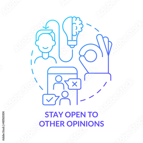 Stay open to other opinions blue gradient concept icon. Business company growth abstract idea thin line illustration. Isolated outline drawing. Roboto-Medium, Myriad Pro-Bold fonts used
