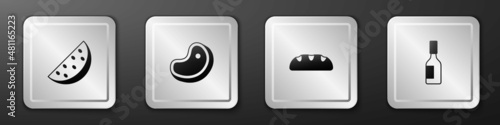 Set Watermelon, Steak meat, Bread loaf and Tabasco sauce icon. Silver square button. Vector