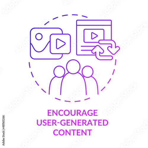 Encourage user-generated purple gradient content concept icon. Customers motivation abstract idea thin line illustration. Isolated outline drawing. Roboto-Medium, Myriad Pro-Bold fonts used