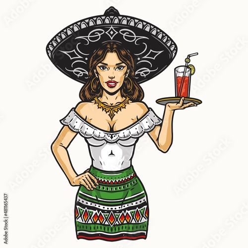 Waitress in sombrero carrying tray with cocktail