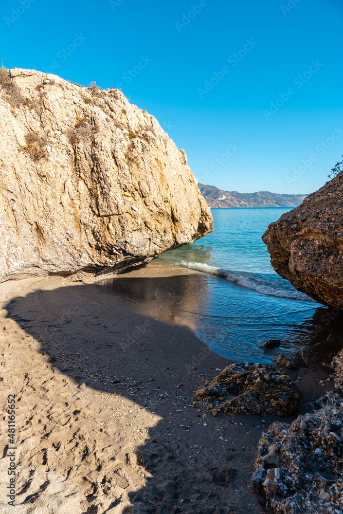 Small coves on Calahonda beach in the town of Nerja, ideal for bathing, Andalusia. Spain. Costa del sol in the mediterranean sea