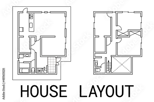 架空の戸建住宅の間取り図 ベクターイラスト 壁部分白抜き