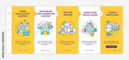 How to build trust on social media yellow onboarding template. Digital business. Responsive mobile website with linear concept icons. Web page walkthrough 5 step screens. Lato-Bold, Regular fonts used