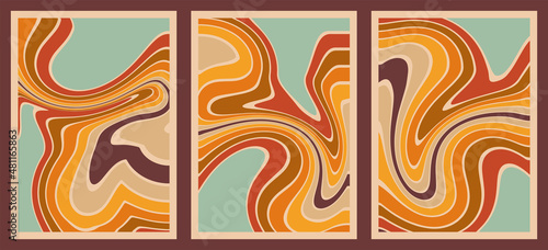 Abstract 1970s Poster Set. Retro Groovy Background in Gradient Ocher Colors. Hand-Drawn Vector illustration, Textured Wavy Shapes design. Seventies Colorful Wallpaper, Cover designs, Case.