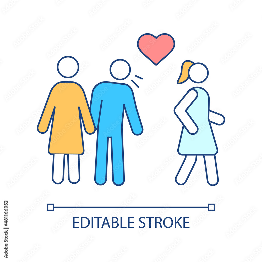 Cheating partner RGB color icon. Relationship infidelity issue. Reason of couple divorce. Isolated vector illustration. Simple filled line drawing. Editable stroke. Arial font used Cheating partner RGB color icon. Relationship infidelity issue. Reason of couple divorce. Isolated vector illustration. Simple filled line drawing. Editable stroke. Arial font used