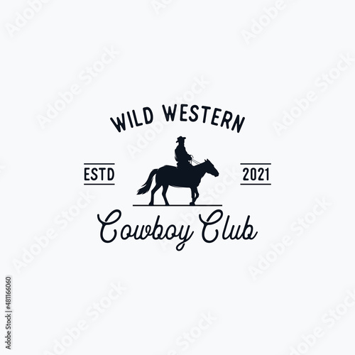 Vintage Retro Cowboy Riding Horse Silhouette logo design illustration