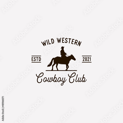 Vintage Retro Cowboy Riding Horse Silhouette logo design illustration