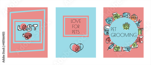 Doodle vector pet banners. Cards for the pet store  nursery. Hand drawn sketch illustration of dog and pet accessories elements bone  food  leash  training  caring  grooming a dog