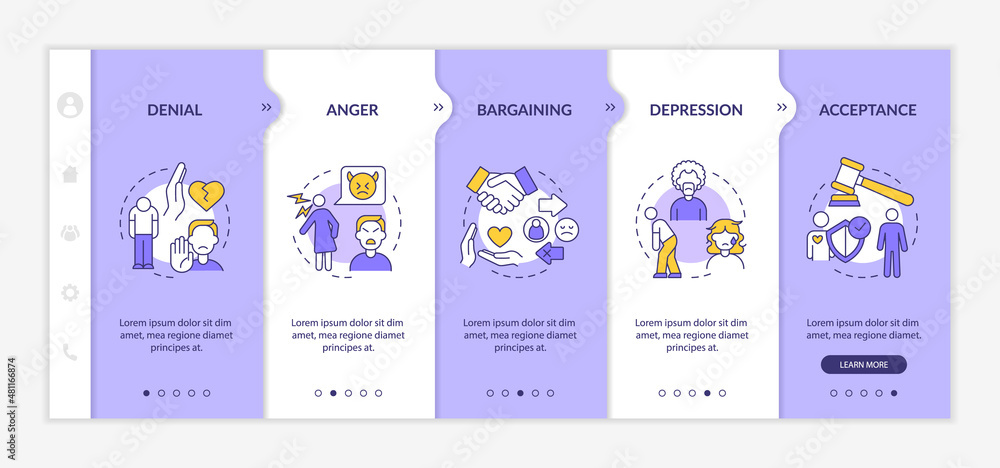 Divorce stages purple and white onboarding template. Mental states. Responsive mobile website with linear concept icons. Web page walkthrough 5 step screens. Lato-Bold, Regular fonts used
