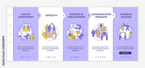 Reasons for divorce purple and white onboarding template. Separation process. Responsive mobile website with linear concept icons. Web page walkthrough 5 step screens. Lato-Bold, Regular fonts used