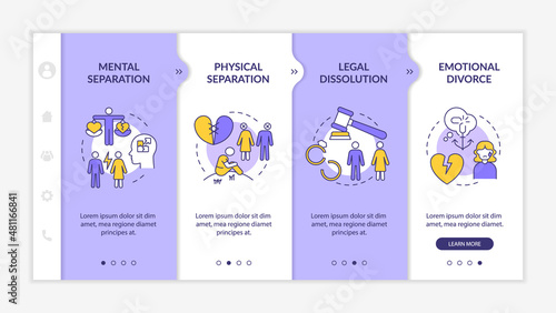 Divorce surviving purple and white onboarding template. Couple breakup. Responsive mobile website with linear concept icons. Web page walkthrough 4 step screens. Lato-Bold, Regular fonts used