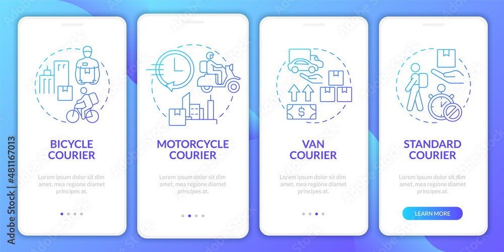 Courier business blue gradient onboarding mobile app screen. Vehicle service walkthrough 4 steps graphic instructions pages with concepts. UI, UX, GUI template. Myriad Pro-Bold, Regular fonts used